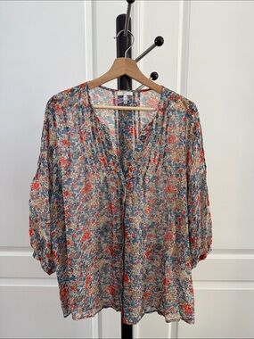 Joie Blue Multi Floral V-Neck Blouse